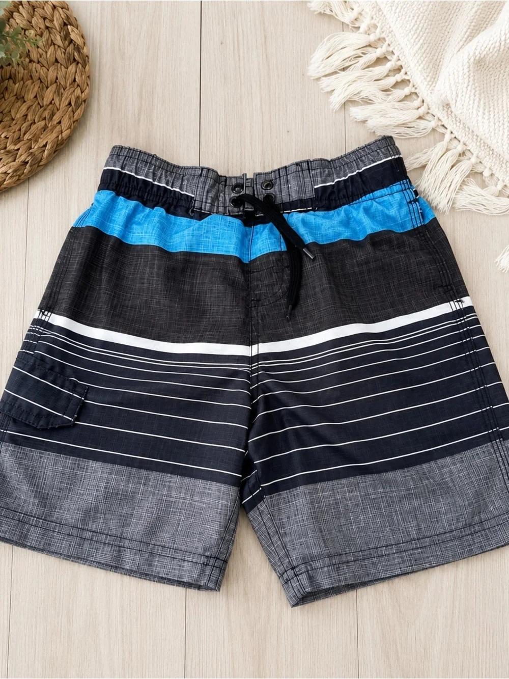 Kanu Surf Boys Swim Trunks Board Shorts Blue Gray Striped Size M 5/6
